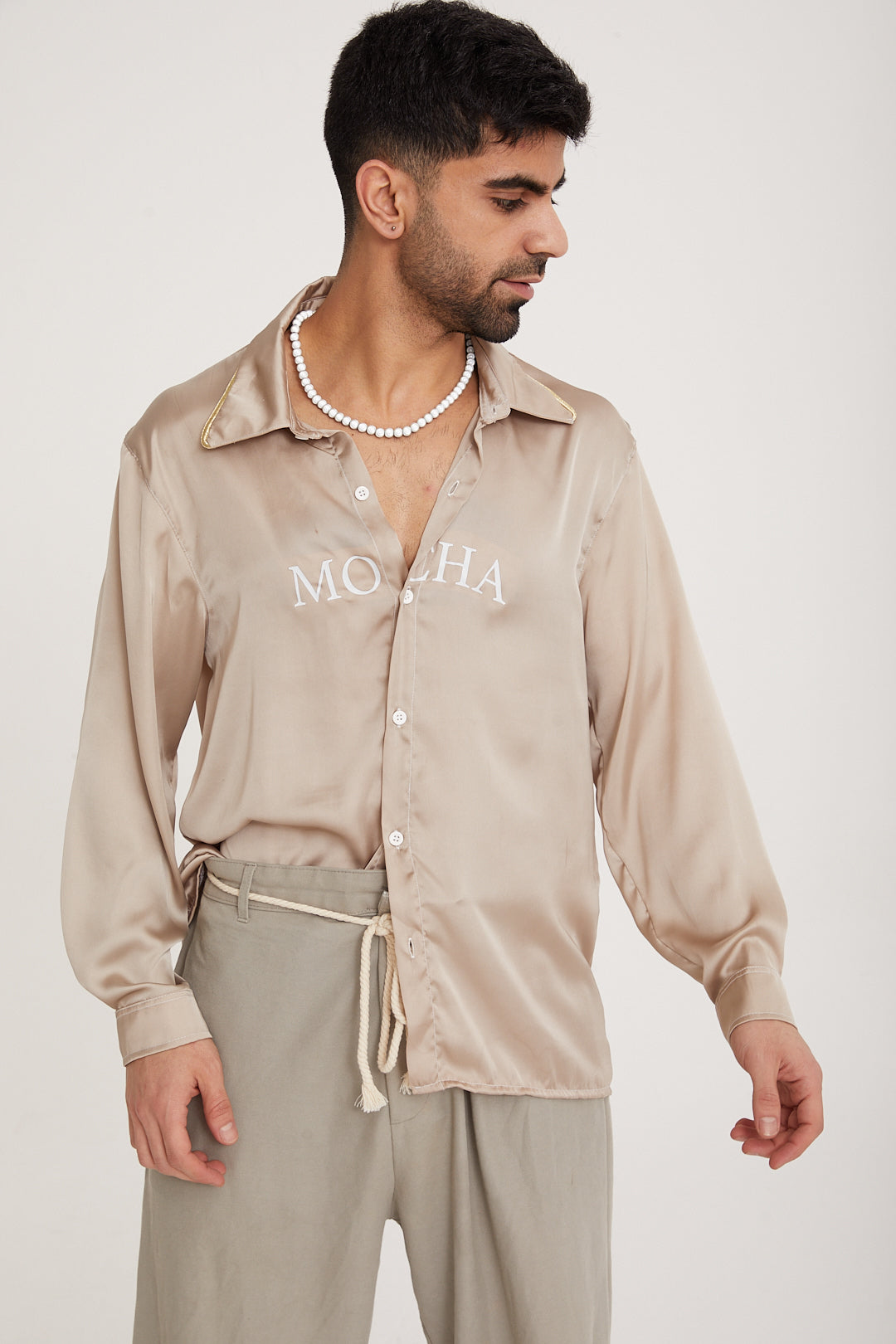 MOCHA PRINTED LOGO SILK SHIIRT - MOCHA