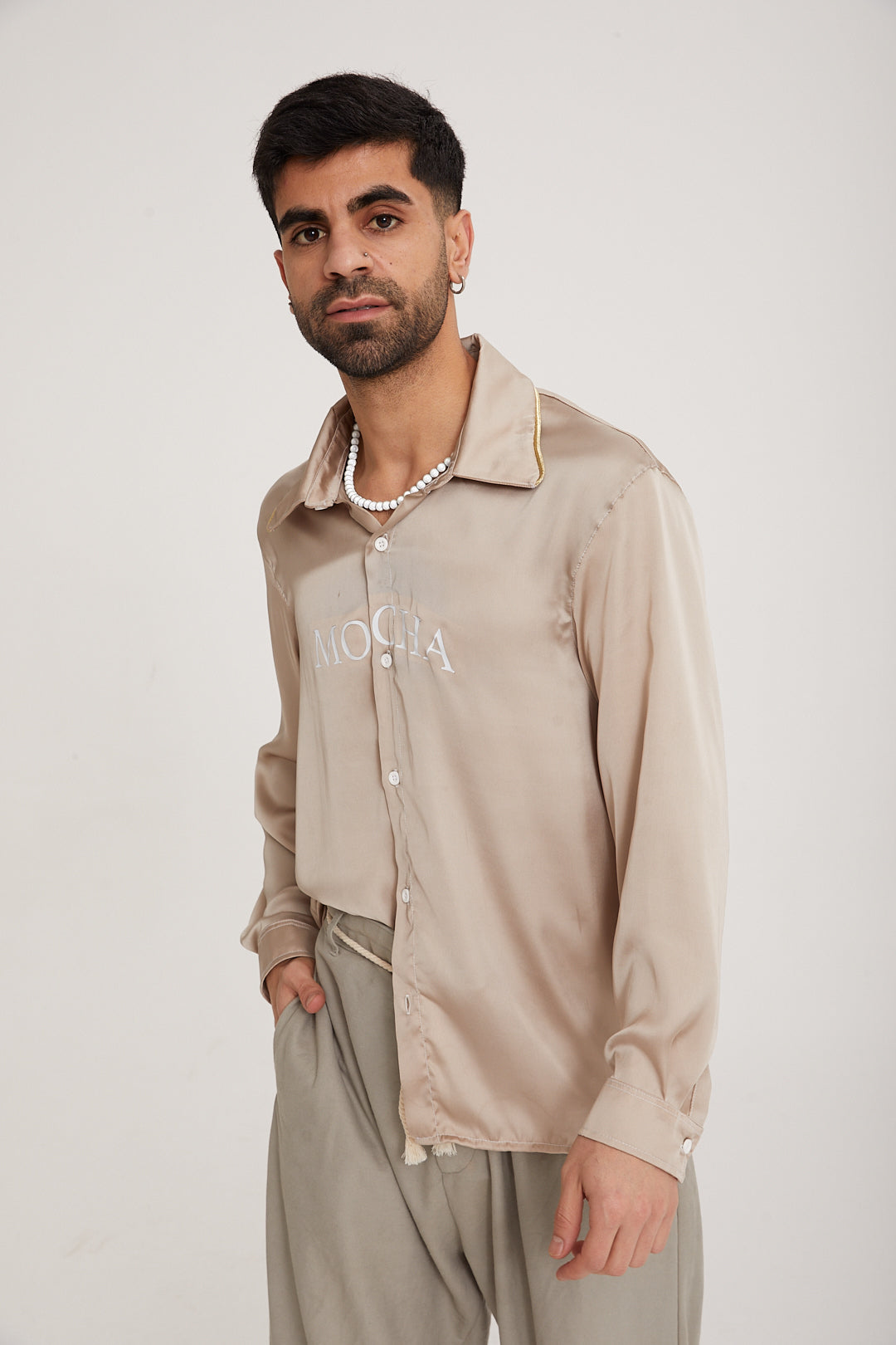 MOCHA PRINTED LOGO SILK SHIIRT - MOCHA