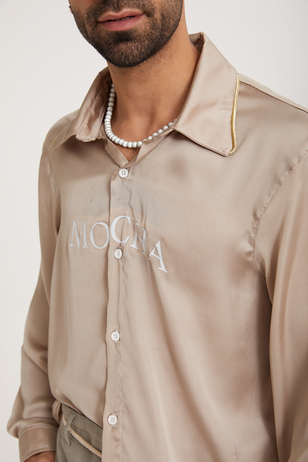 MOCHA PRINTED LOGO SILK SHIIRT - MOCHA