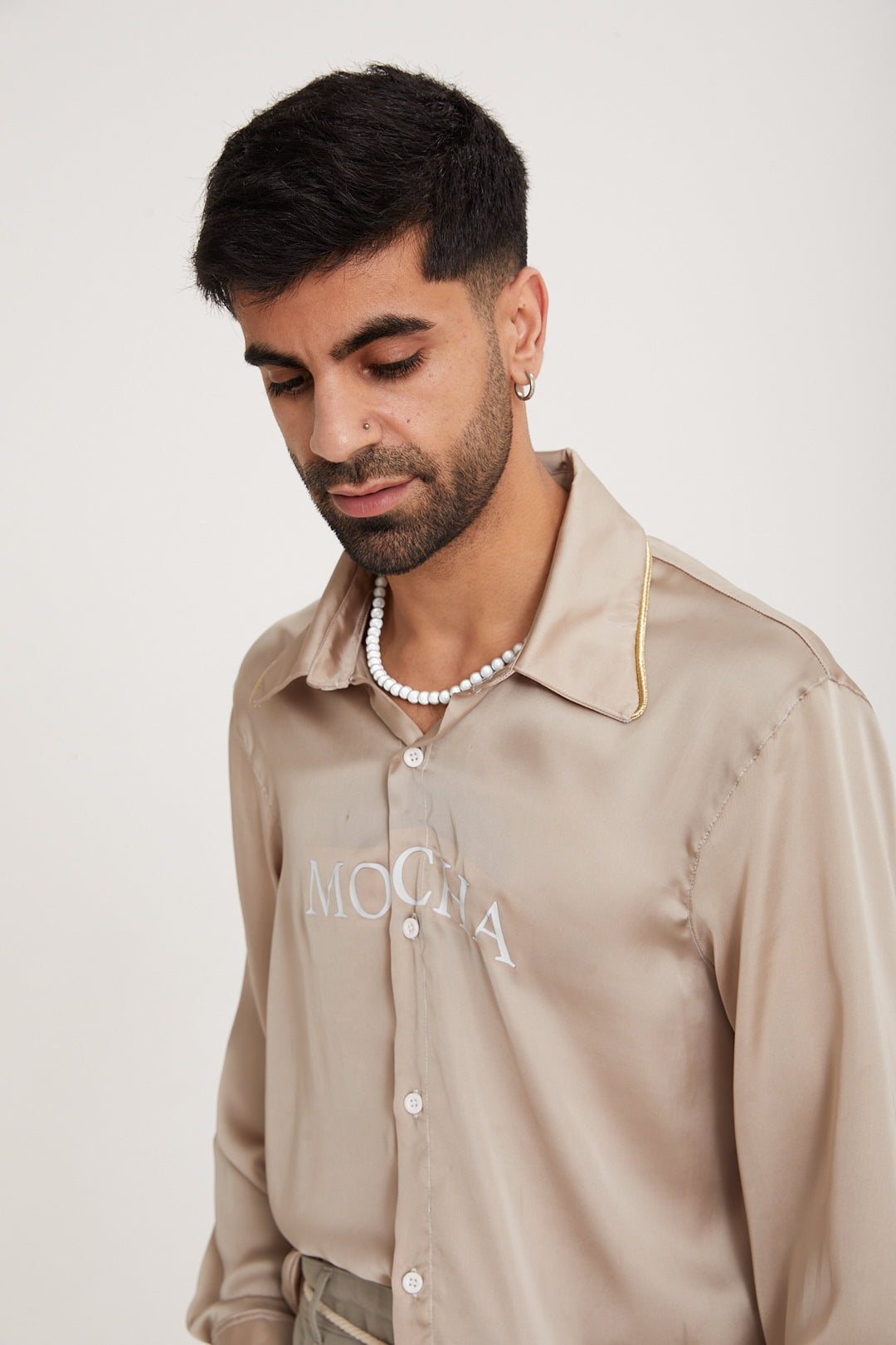 MOCHA PRINTED LOGO SILK SHIIRT - MOCHA