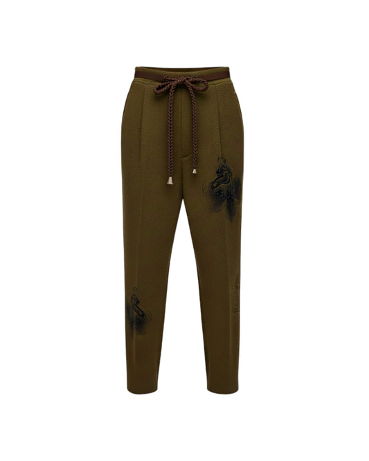 Olive Green Track Pants with Horse Arch Embroidery